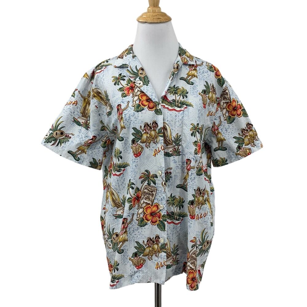 Vintage Hilo Hattie Shirt Womens M Medium Floral Hula Dancer Hawaiian Made USA